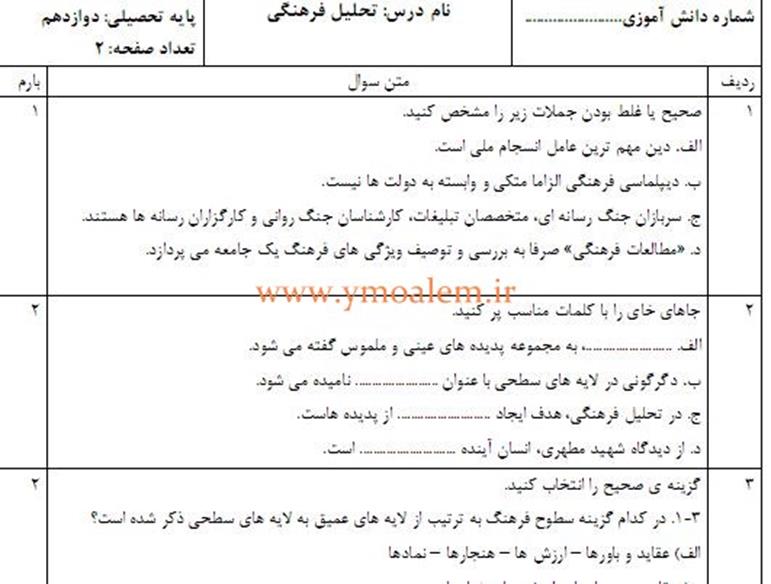 سوالات تحلیل فرهنگی دوازدهم نوبت اول