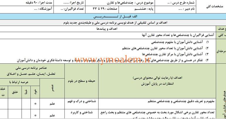 طرح درس ریاضی هشتم چندضلعی ها و تقارن