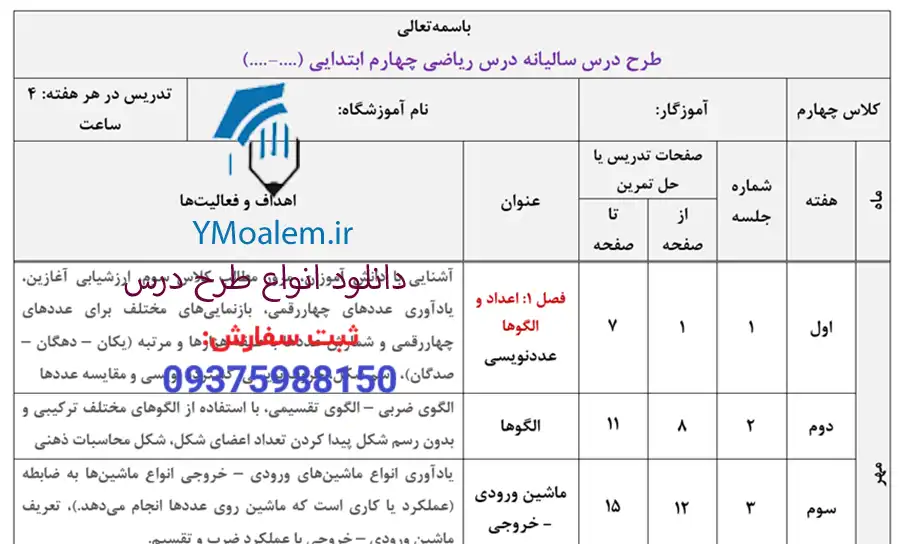 دانلود طرح درس سالانه ریاضی چهارم ابتدایی 2 دانلود طرح درس سالانه ریاضی چهارم ابتدایی