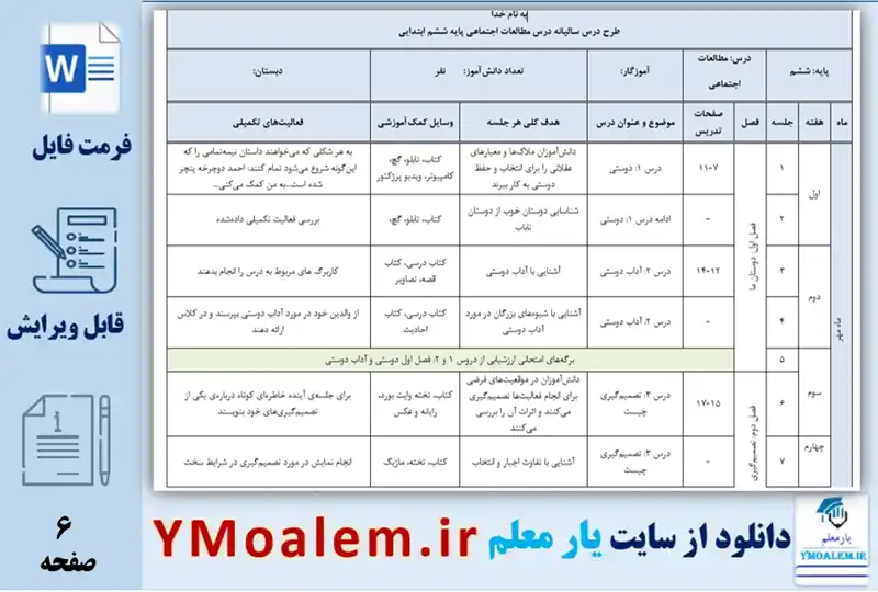 درس سالانه مطالعات اجتماعی ششم