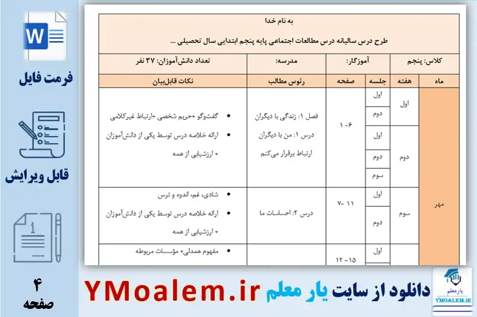 طرح درس سالانه مطالعات اجتماعی پایه پنجم ابتدایی
