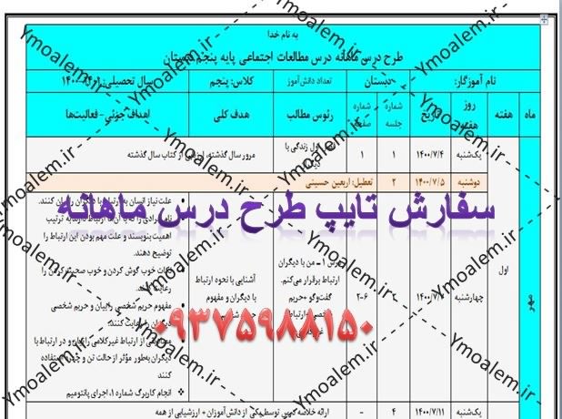 درس ماهانه مطالعات اجتماعی پنجم