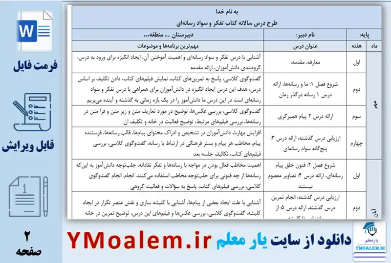 دانلود طرح درس سالانه درس کتاب تفکر و سواد رسانه‌ای