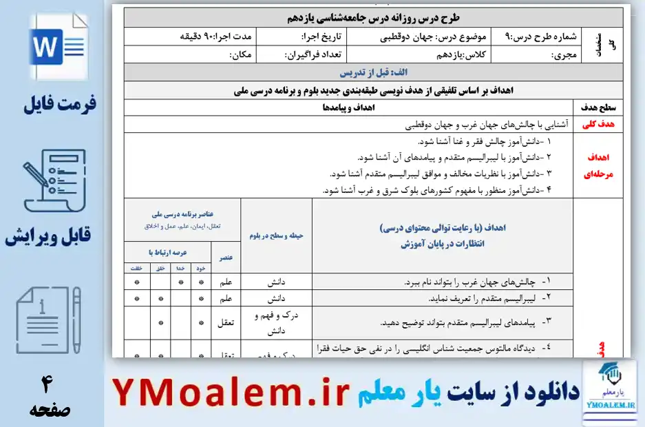 طرح درس روزانه-ملی درس جامعه‌شناسی یازدهم درس جهان دو قطبی