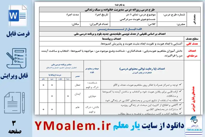 طرح درس روزانه نمای ۱ در جست‌ و جوی هویت سردرگمی