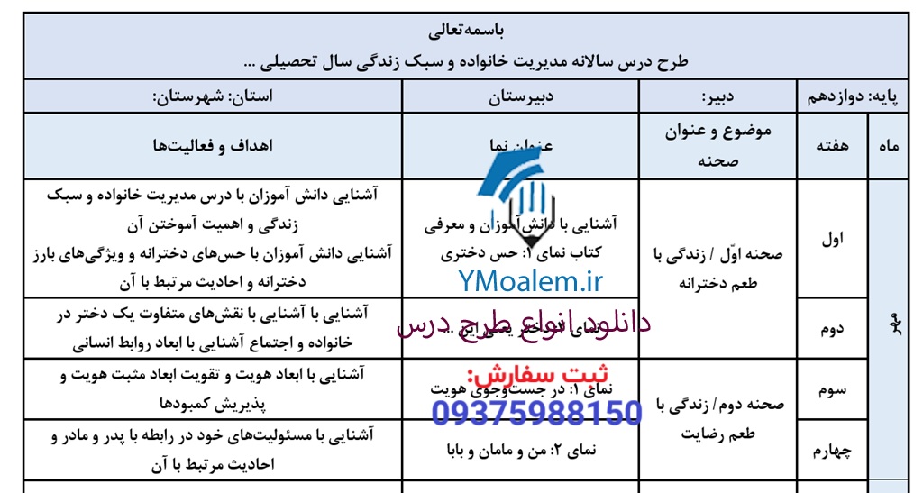 طرح درس سالانه مدیریت خانواده و سبک زندگی 2 درس سالانه درس مدیریت خانواده و سبک زندگی