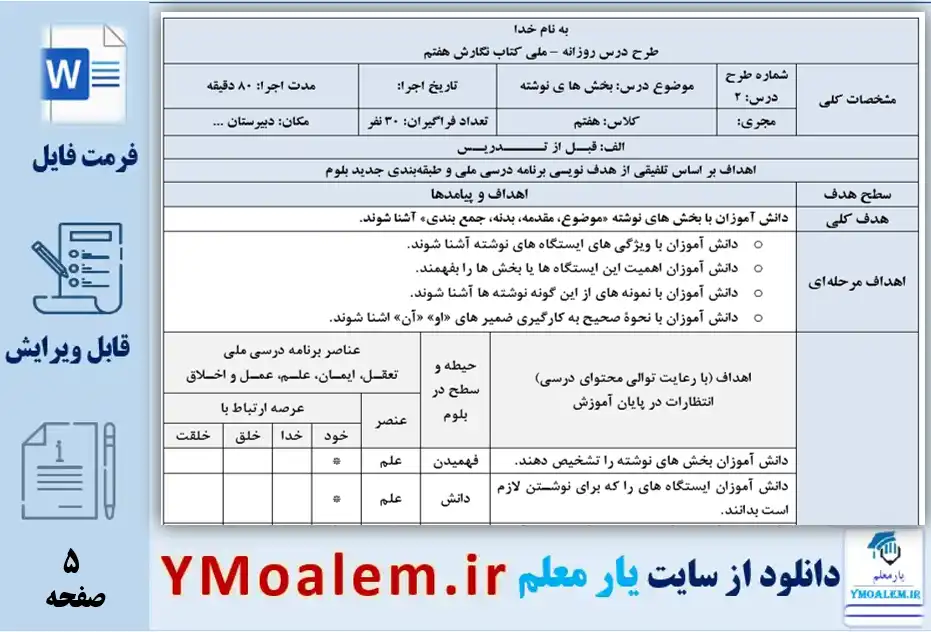 طرح درس روزانه ملی بخش های نوشته نگارش هفتم