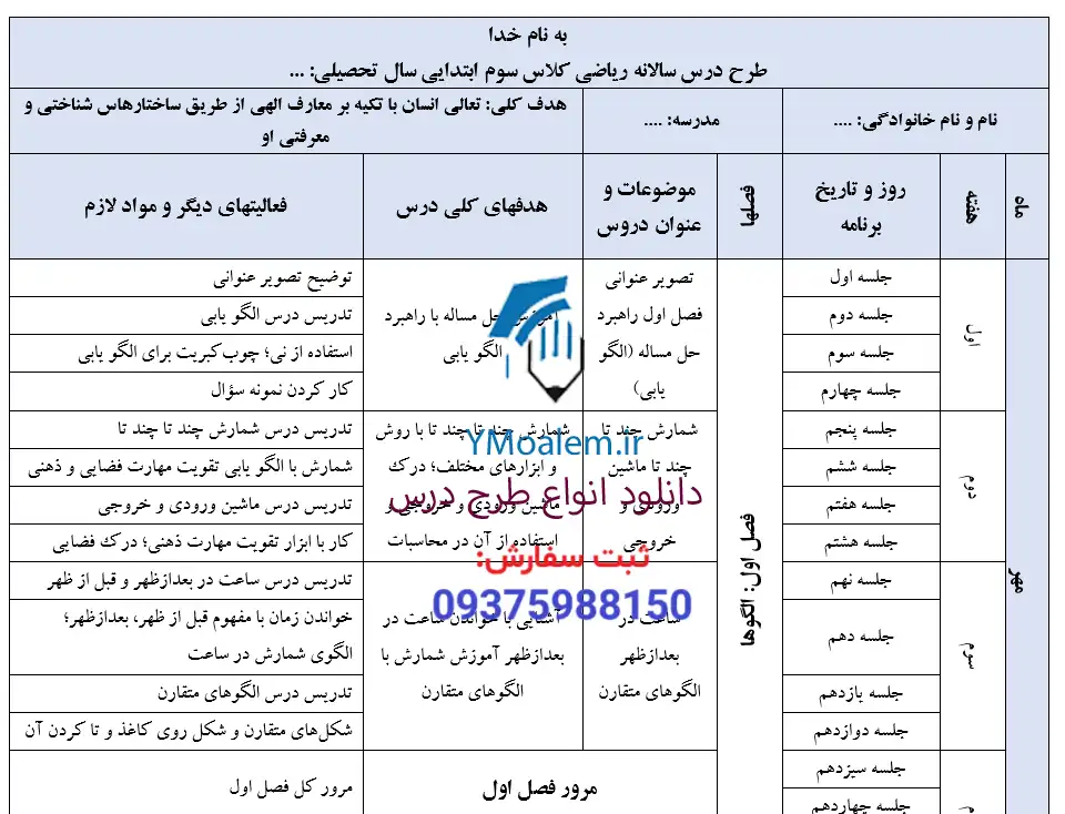 طرح درس سالانه ریاضی سوم ابتدایی 2 دانلود طرح درس سالانه ریاضی سوم ابتدایی word