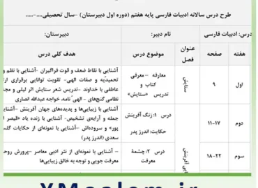 طرح درس سالانه ادبیات فارسی پایه هفتم