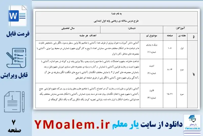 طرح درس سالانه ریاضی اول ابتدایی