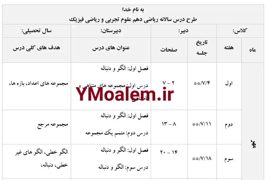 طرح درس سالانه ریاضی اول ابتدایی 3 توضیحات طرح درس سالانه ریاضی اول ابتدایی