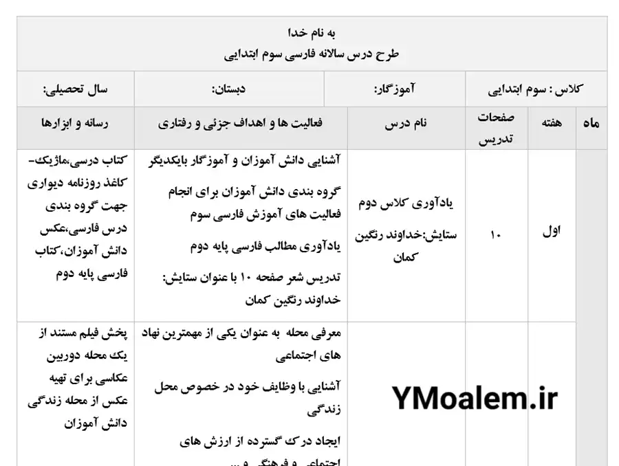 طرح درس سالانه فارسی سوم ابتدایی 3 دانلود طرح درس سالانه فارسی سوم ابتدایی