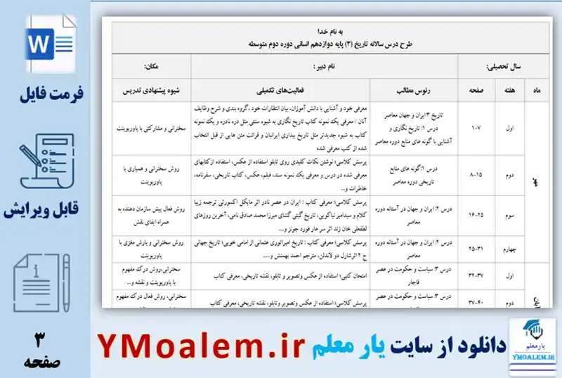 دانلود طرح درس سالانه تاریخ دوازدهم علوم انسانی