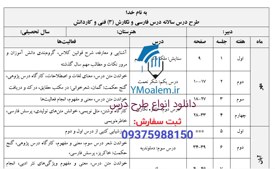 طرح درس سالانه فارسی و نگارش (3) فنی و کاردانش 2 دانلود طرح درس سالانه فارسی و نگارش (3) فنی و کاردانش