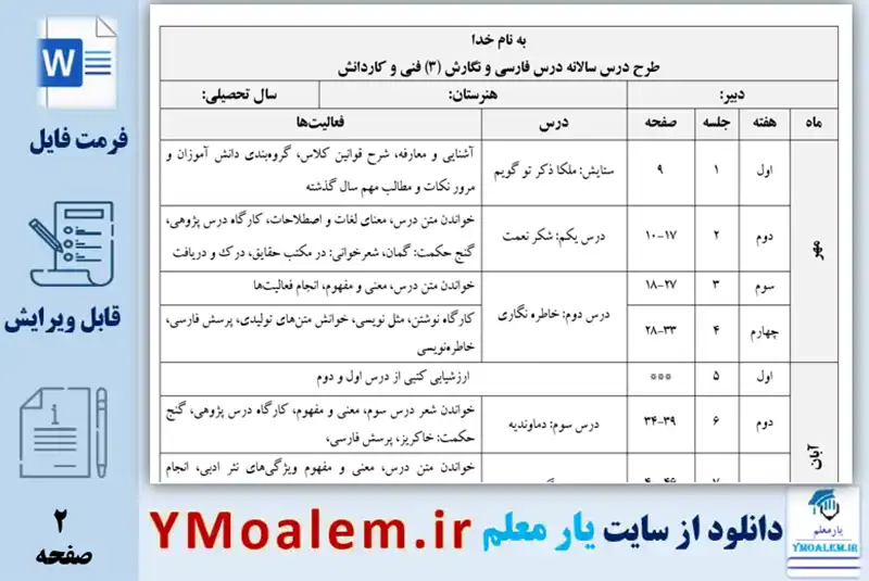 طرح درس سالانه فارسی و نگارش (3) فنی و کاردانش