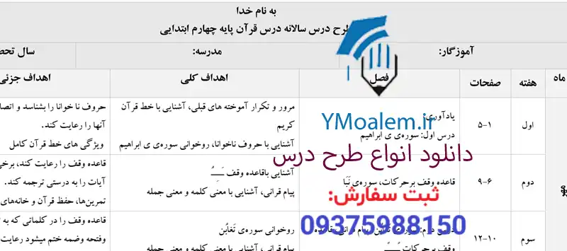 طرح درس سالانه قرآن چهارم ابتدایی 3 دانلود طرح درس سالانه قرآن چهارم ابتدایی word
