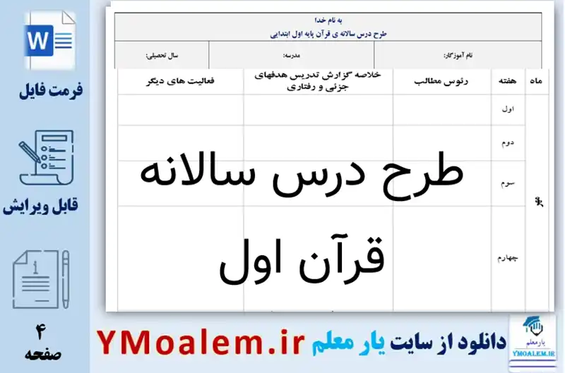 طرح درس سالانه قرآن اول ابتدایی 2 دانلود طرح درس سالانه قرآن اول ابتدایی