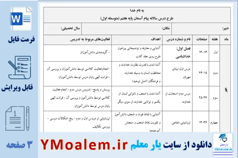 طرح درس سالانه پیام آسمان هفتم word