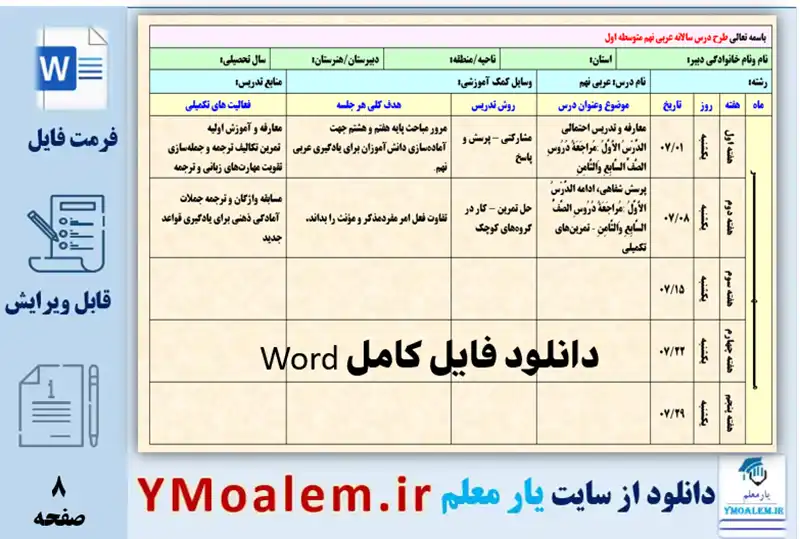 طرح درس سالانه عربی پایه نهم word