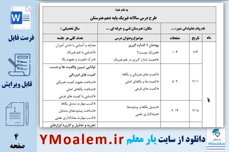 طرح درس سالانه فیزیک پایه دهم هنرستان