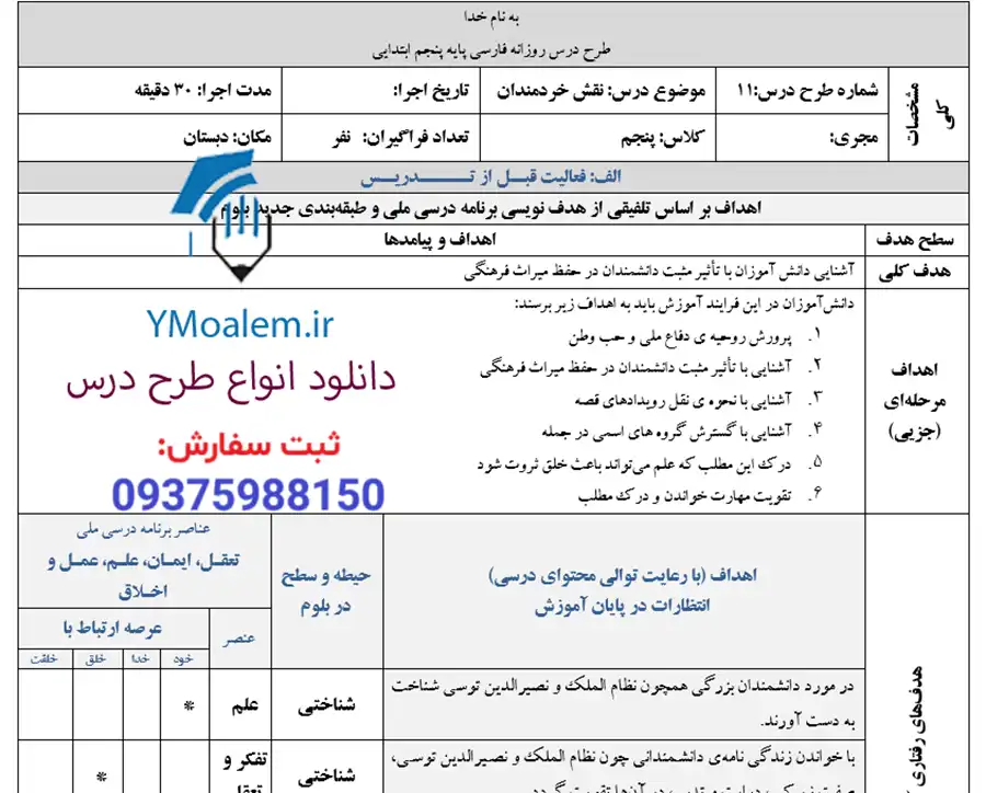 طرح درس روزانه فارسی پنجم درس نقش خردمندان 2 طرح درس روزانه ملی فارسی پایه پنجم ابتدایی درس 11 نقش خردمندان