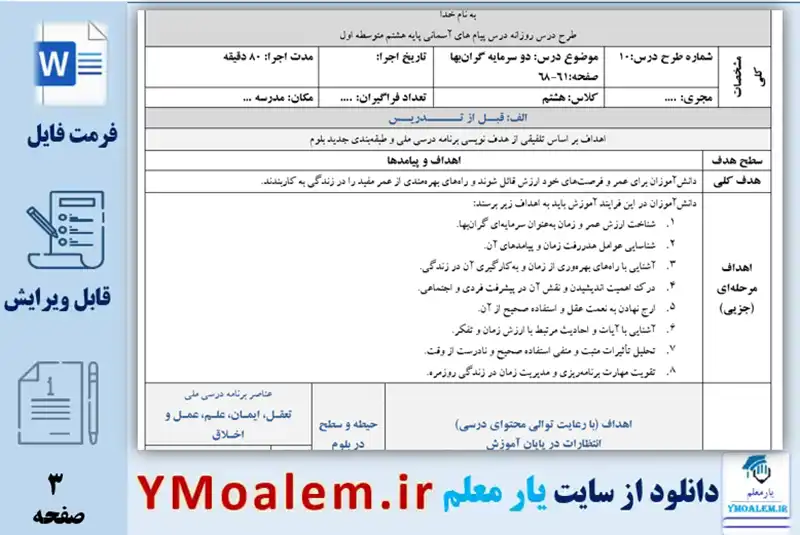 طرح درس روزانه ملی درس 10 پیام های آسمان هشتم