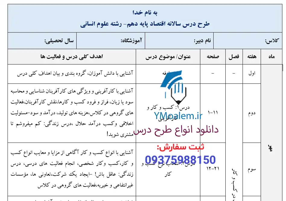 طرح درس سالانه اقتصاد پایه دهم- رشته علوم انسانی 2 دانلود طرح درس سالانه اقتصاد پایه دهم- رشته علوم انسانی