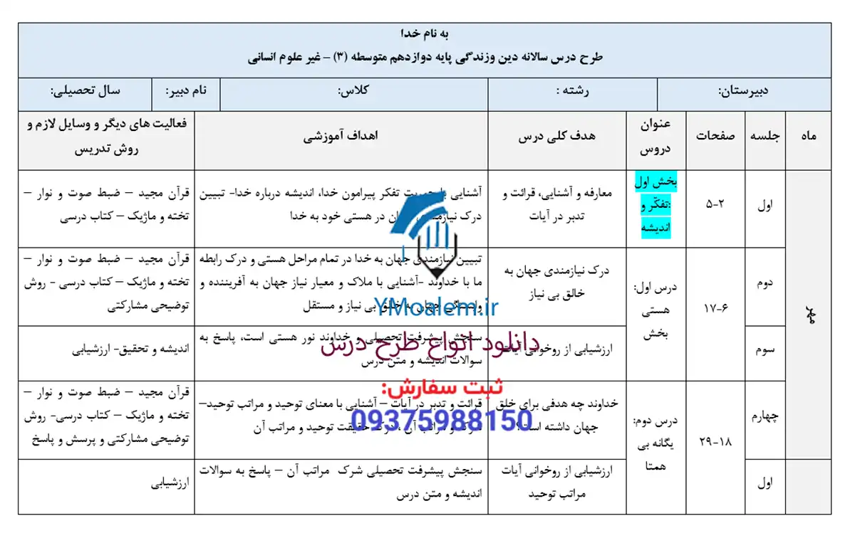 طرح درس سالانه دین و زندگی دوازدهم مشترک غیر انسانی 2 دانلود طرح درس سالانه دین و زندگی دوازدهم مشترک غیر انسانی