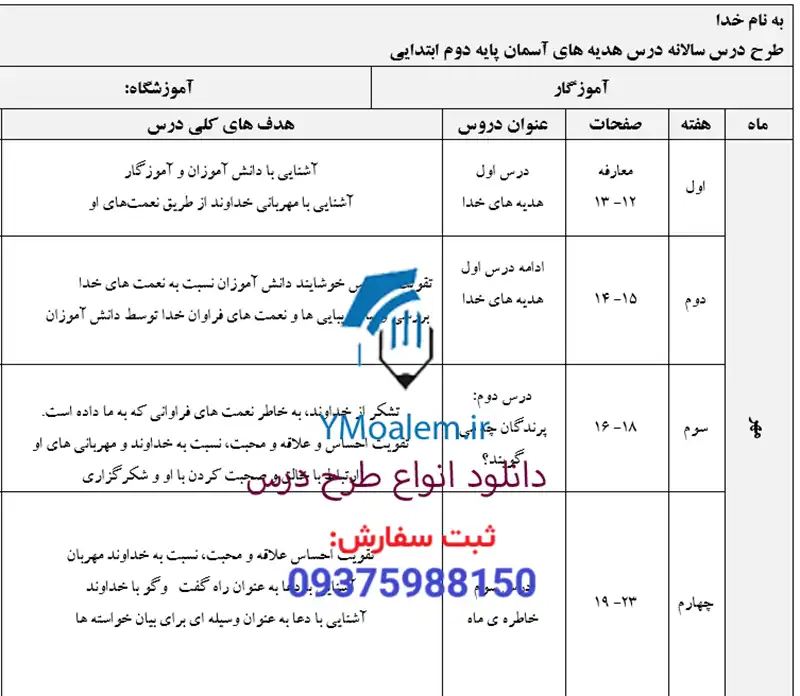 طرح درس سالانه هدیه های آسمان دوم ابتدایی 2 دانلود طرح درس سالانه هدیه های آسمان دوم ابتدایی Word