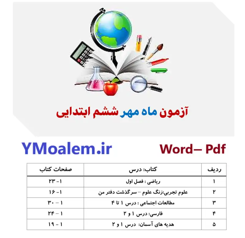فایل word آزمون پایان مهر دروس ششم ابتدایی