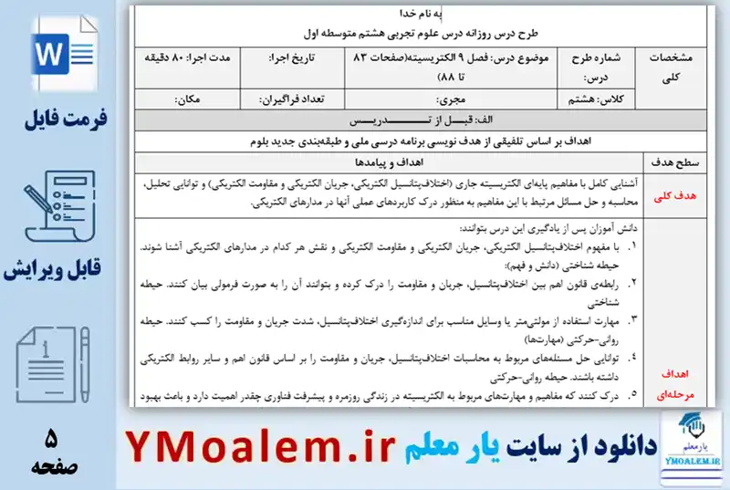 طرح درس روزانه علوم تجربی هشتم فصل 9 الکتریسیته