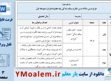 طرح درس سالانه تفکر و سبک زندگی دختران هفتم