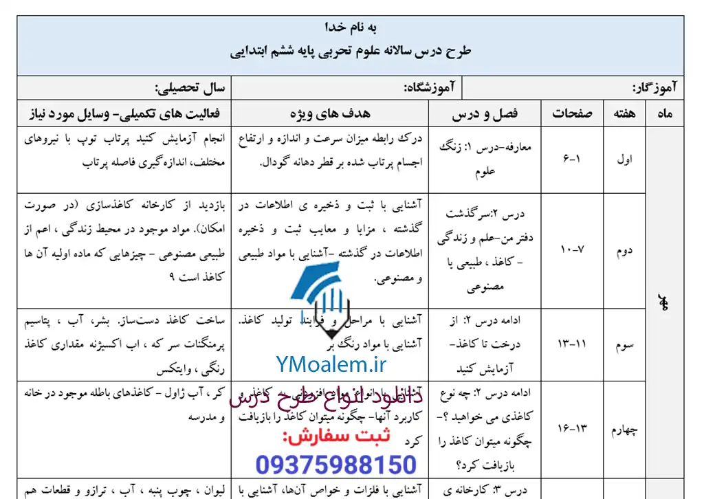 طرح درس سالانه علوم تجربی ششم ابتدایی 2 دانلود طرح درس سالانه علوم تجربی ششم ابتدایی