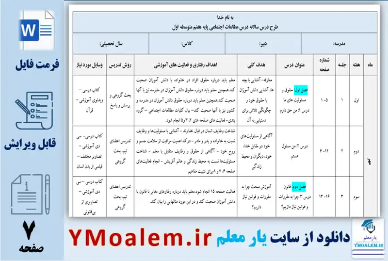 طرح درس سالانه مطالعات اجتماعی هفتم word