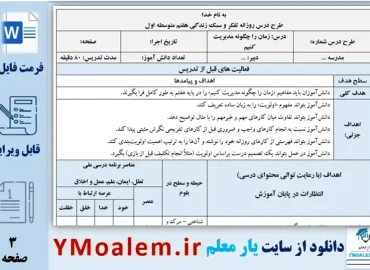 طرح درس روزانه زمان را چگونه مدیریت کنیم تفکر و سبک زندگی هفتم