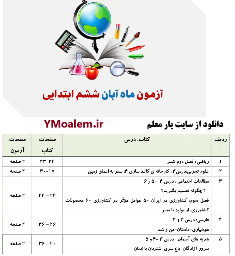 آزمون ماهانه آبان ماه پایه ششم 2 دانلود آزمون ماهانه آبان ماه پایه ششم (word و pdf)