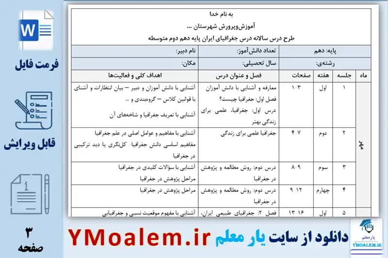 طرح درس سالانه جغرافیای ایران دهم