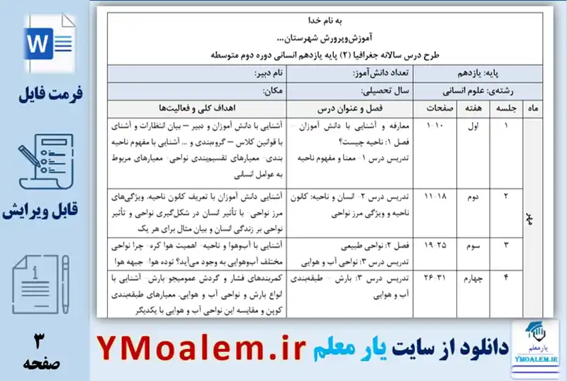 طرح درس سالانه جغرافیا یازدهم انسانی
