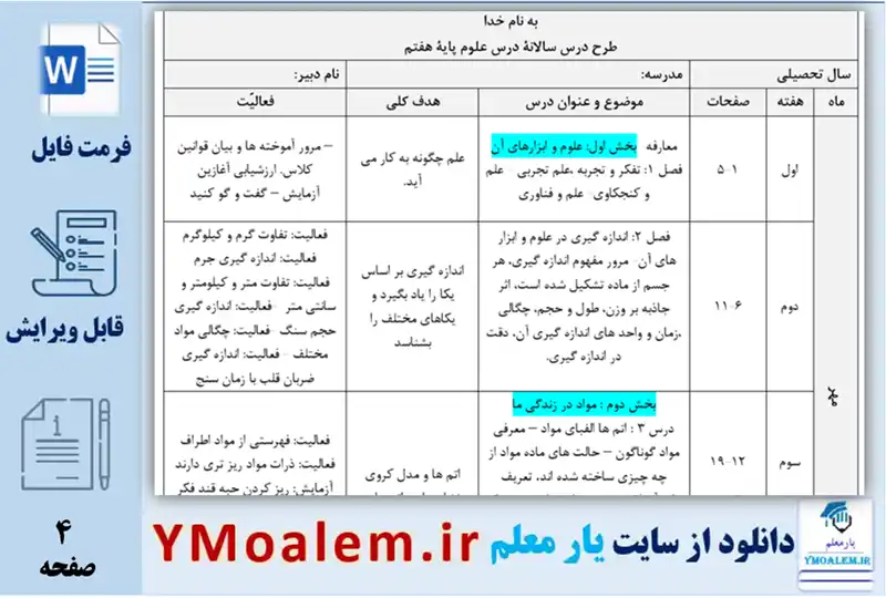 طرح درس سالانه علوم تجربی هفتم