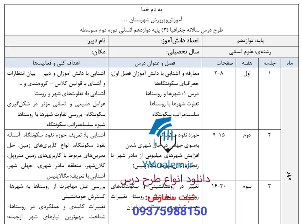 طرح درس سالانه جغرافیا دوازدهم انسانی 2 طرح درس سالانه جغرافیا دوازدهم انسانی
