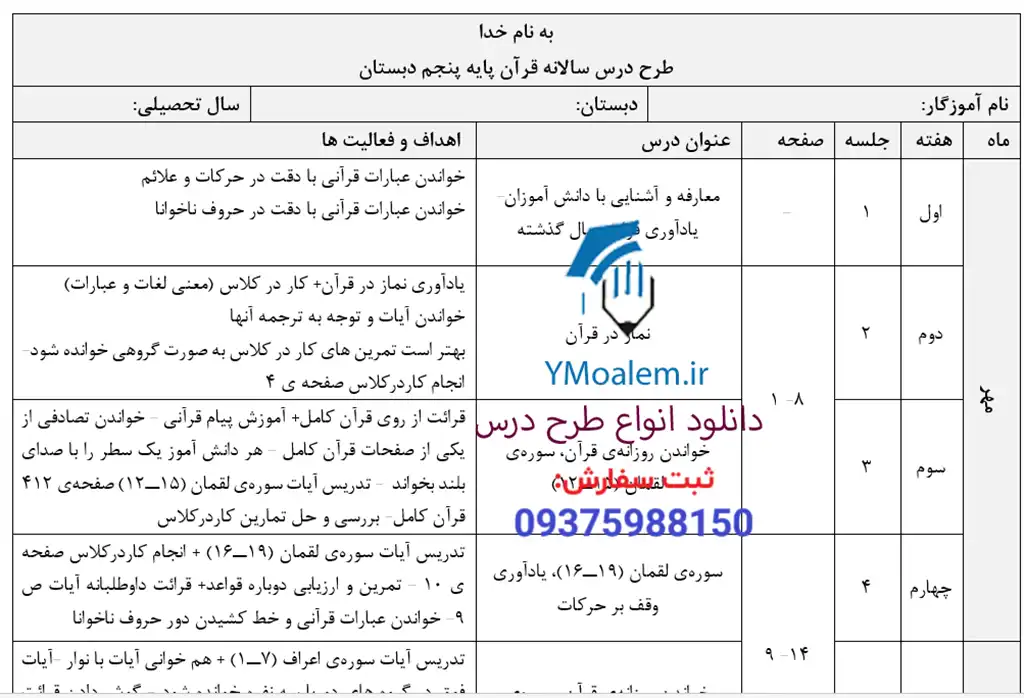 طرح درس سالانه قرآن پنجم ابتدایی 2 دانلود طرح درس سالانه قرآن پنجم ابتدایی