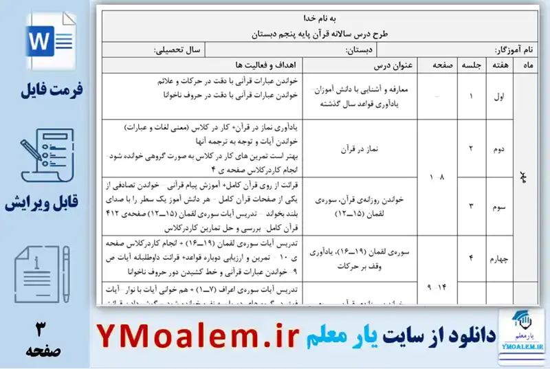 طرح درس سالانه قرآن پنجم ابتدایی
